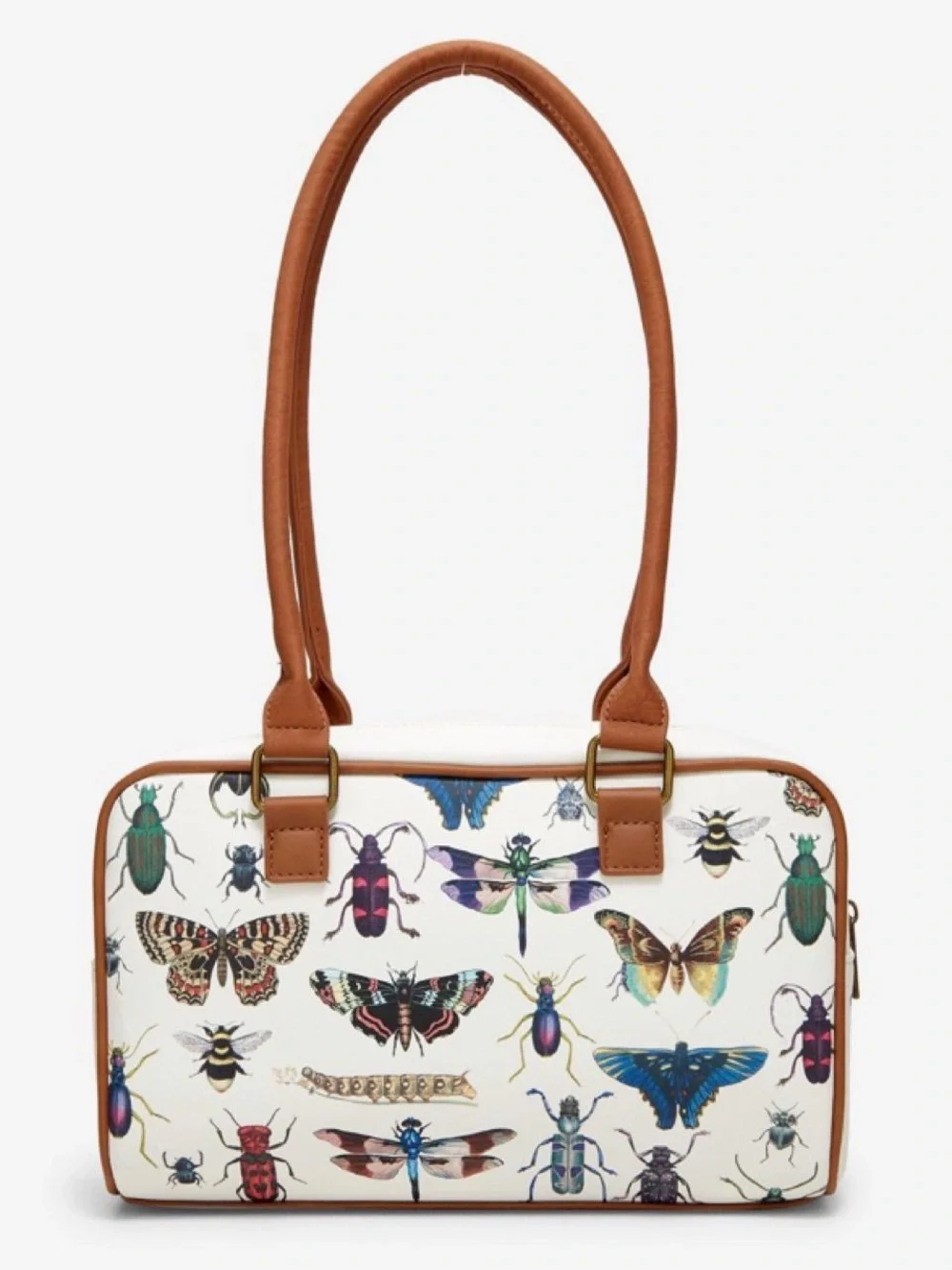 White Botanical Insect-Print Satchel with Tan Straps